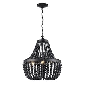Cayman 3-Light Black Chandelier Light Fixture with Black Faux Wood Beaded Shade