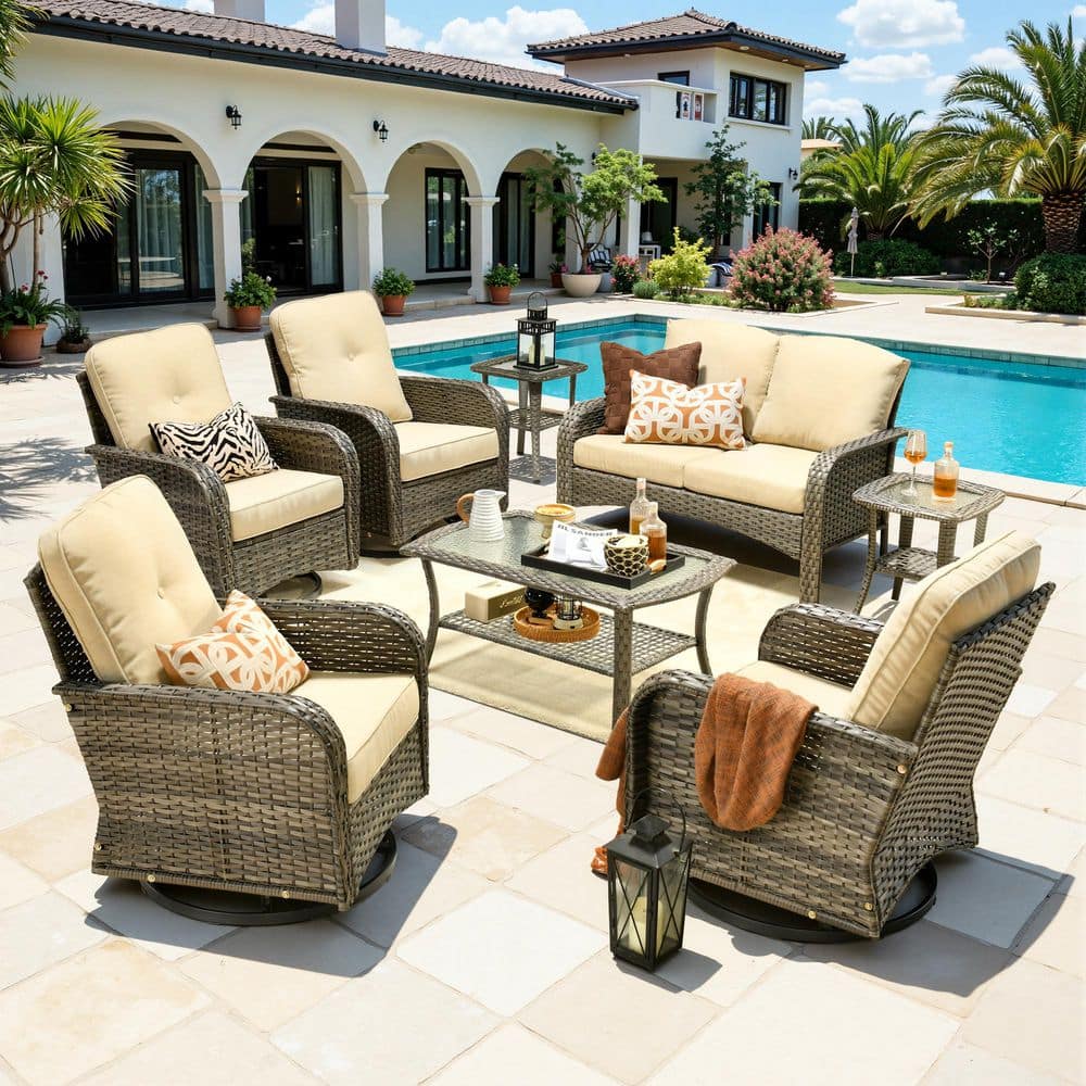 Lily A Gray 8-Piece Wicker Outdoor Patio Conversation Set with Swivel Rocking Chairs and Beige Cushion price history on PriceWatchPro
