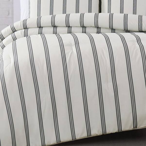 Beige Black White Pintuck Striped 7pc Comforter Set Twin Full