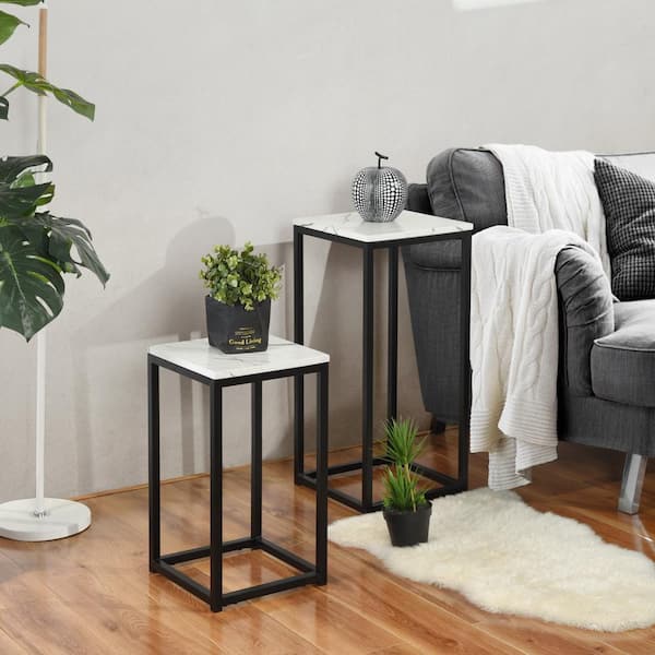 Adria 13.4 in. White Square Faux Marble Black Legs Coffee Table Set with 2-Pieces