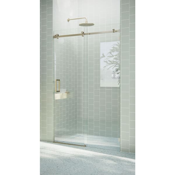 Astro 48 in. W x 78 in. H Sliding Frameless Shower Door with Square Hardware in Brushed Bronze with Clear Glass