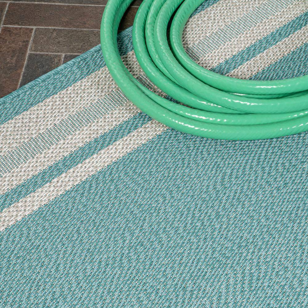 Aqua and Beige 3' x 5' Modern Stripe Synthetic Indoor/Outdoor Rug