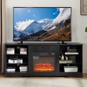 58 in. Freestanding Wood Electric Fireplace TV Stand with Glass Shelves, LED Lights, USB Charging Outlet for 62 in TV