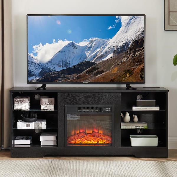 ToolCat 58 in. Freestanding Wood Electric Fireplace TV Stand with Glass Shelves, LED Lights, USB Charging Outlet for 62 in TV