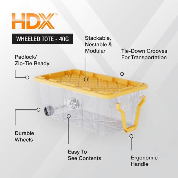 40 Gal. Tough Storage Tote with Wheels and Handle in Clear and Yellow