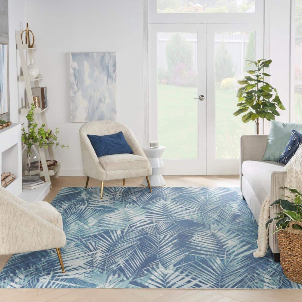 Navy Blue Tropical Leaf Pattern Indoor/Outdoor Rug, 10' x 13'