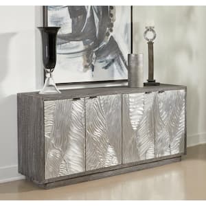 Ersa Weathered Grey and Silver Wood Top 70 in. Credenza with 4-Doors Fits TV's up to 65 in.
