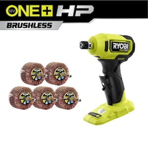 ONE+ HP 18V Brushless Cordless Compact 1/4 in. Right Angle Die Grinder (Tool Only) with 80 Grit Flap Wheel Set (5-Piece)