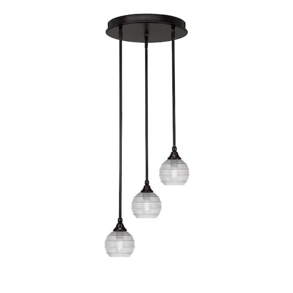 Unbranded Villa 60-Watt in. 3 Light Espresso Stem Pendant Light with 6 in. Clear Ribbed Glass Shade, No bulbs included