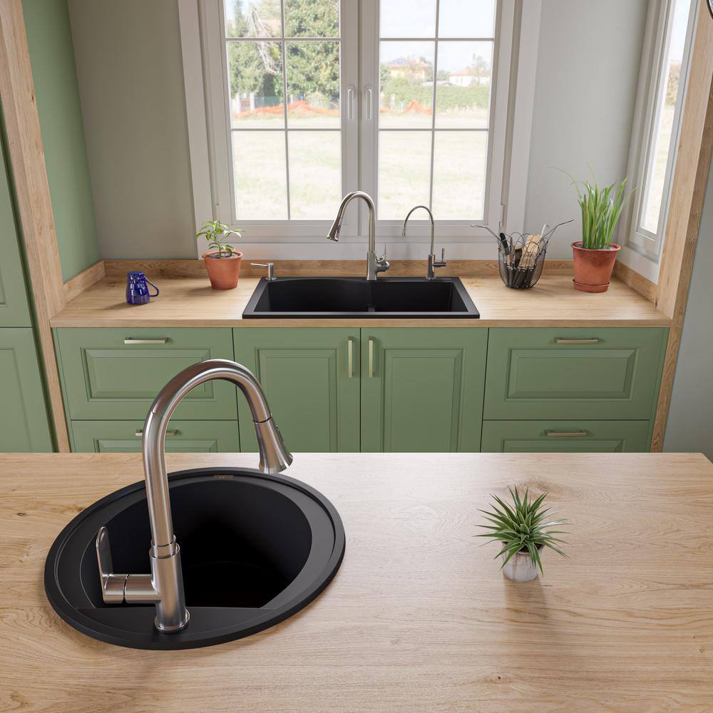 33'' Black Granite Double Bowl Drop-In Kitchen Sink