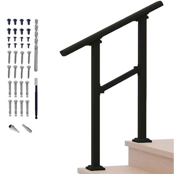 2 Step Black Metal Stair Handrail and Indoor Stair Railing Kit, Railings for Outdoor Steps