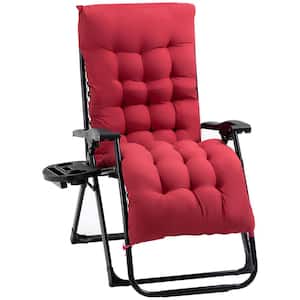 Black Metal Outdoor Lounge Chair, Folding Reclining Lounge Chair with Red Cushion, Side Tray for Indoor and Outdoor