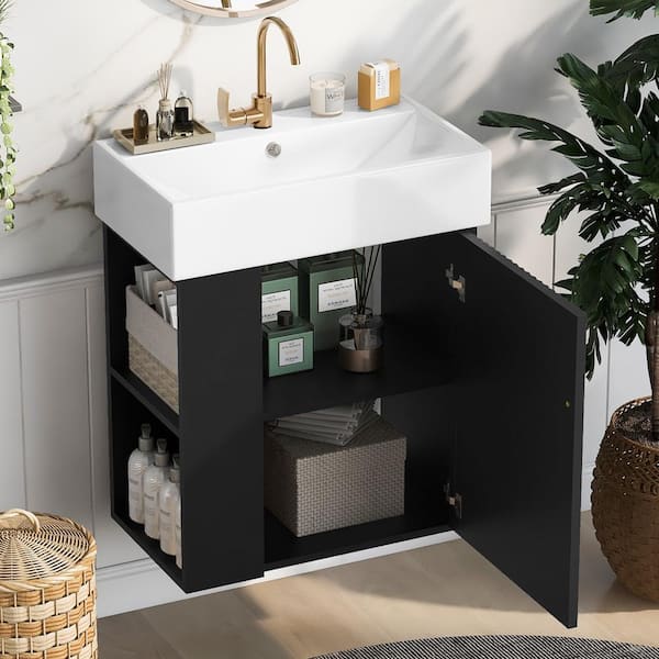 Black 21.6 in. W Modern Floating Bathroom Vanity with Ceramic Basin - Perfect for Small Bathrooms, Left Side Storage