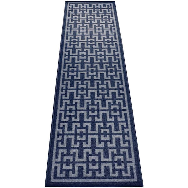 RugStylesOnline Ancient Greek Style Design Navy Color 2 ' Width x 7' Your Choice Length Slip Resistant Rubber Stair Runner Rug