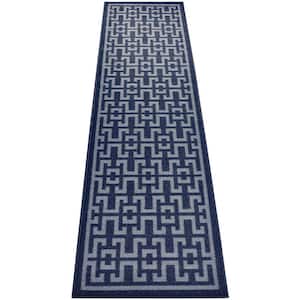 Ancient Greek Style Design Navy Color 2 ' Width x 7' Your Choice Length Slip Resistant Rubber Stair Runner Rug