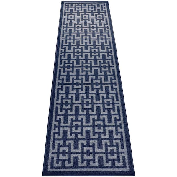 Unbranded Ancient Greek Style Design Navy Color 2 ' Width x 7' Your Choice Length Slip Resistant Rubber Stair Runner Rug