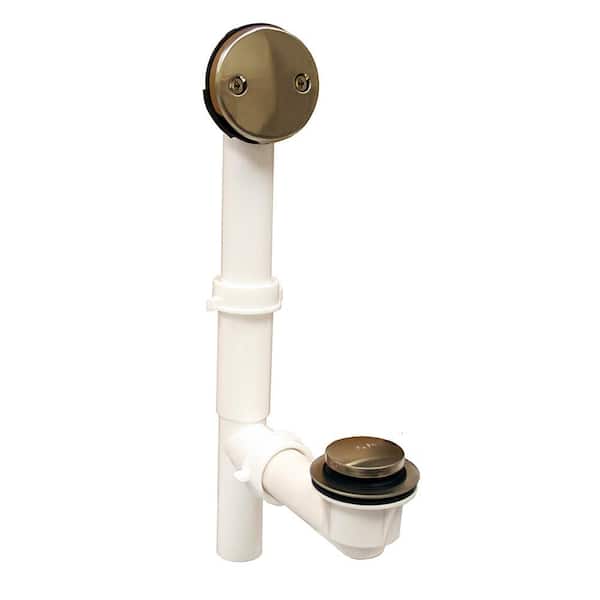 JONES STEPHENS Toe Touch 1-1/2 in. Heavy Walled PVC Tubular 2-Hole Bath Waste and Overflow Tub Drain Full Kit in Satin Nickel