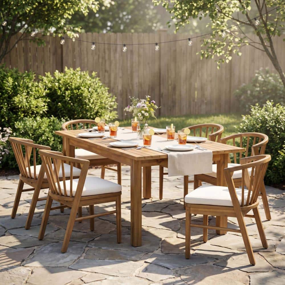 7-Piece Wood Outdoor Dining Set with Beige Cushions, Extendable Table price history on PriceWatchPro