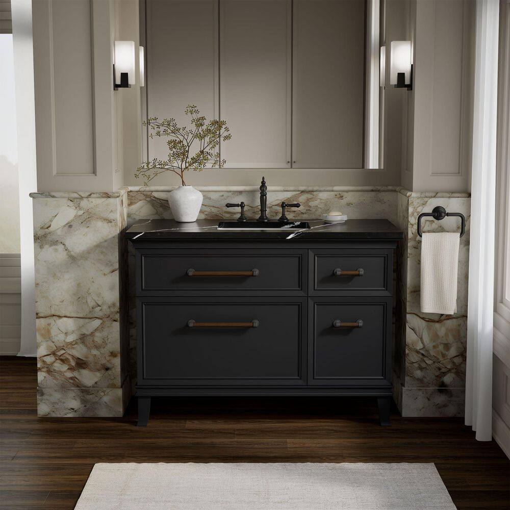 Artifacts 48 in. Freestanding Slate Grey Bath Vanity with Black Eternal Marquina Quartz Top And Black Hardware
