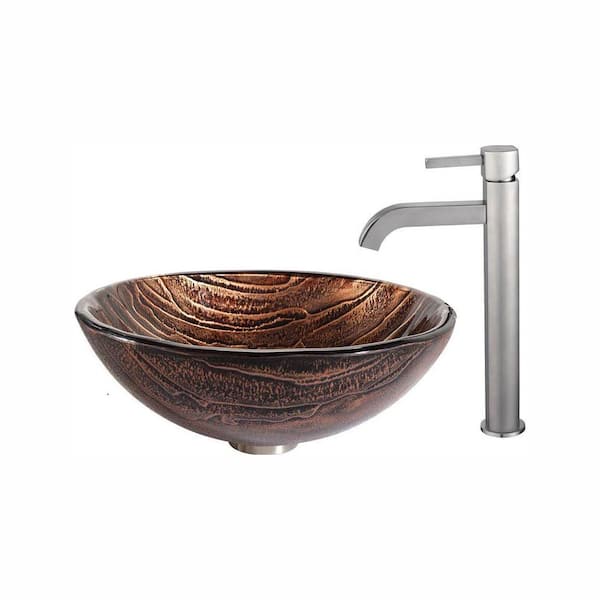 KRAUS Gaia Glass Vessel Sink in Brown with Ramus Faucet in Satin Nickel