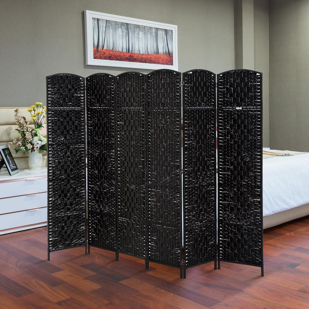 3/4/6 Solid Weave Panel Hand Made Wicker Folding Room Divider Living Room Partition Privacy Screen Separator Black, 6 Panels