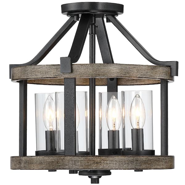 TRUE FINE Madison 12.5 in. 4-Light Natural Iron and Distressed Faux Wood Modern Farmhouse Semi-Flush Mount Ceiling Light