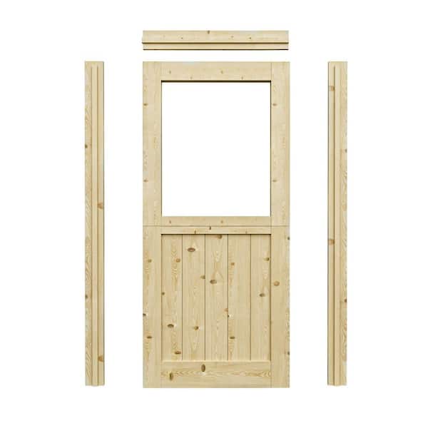 36 in. x 80 in. Solid Pine Universal 1-Lite Clear Glass Unfinished Dutch Wood Prehung Front Door +Quick Assemble Jamb