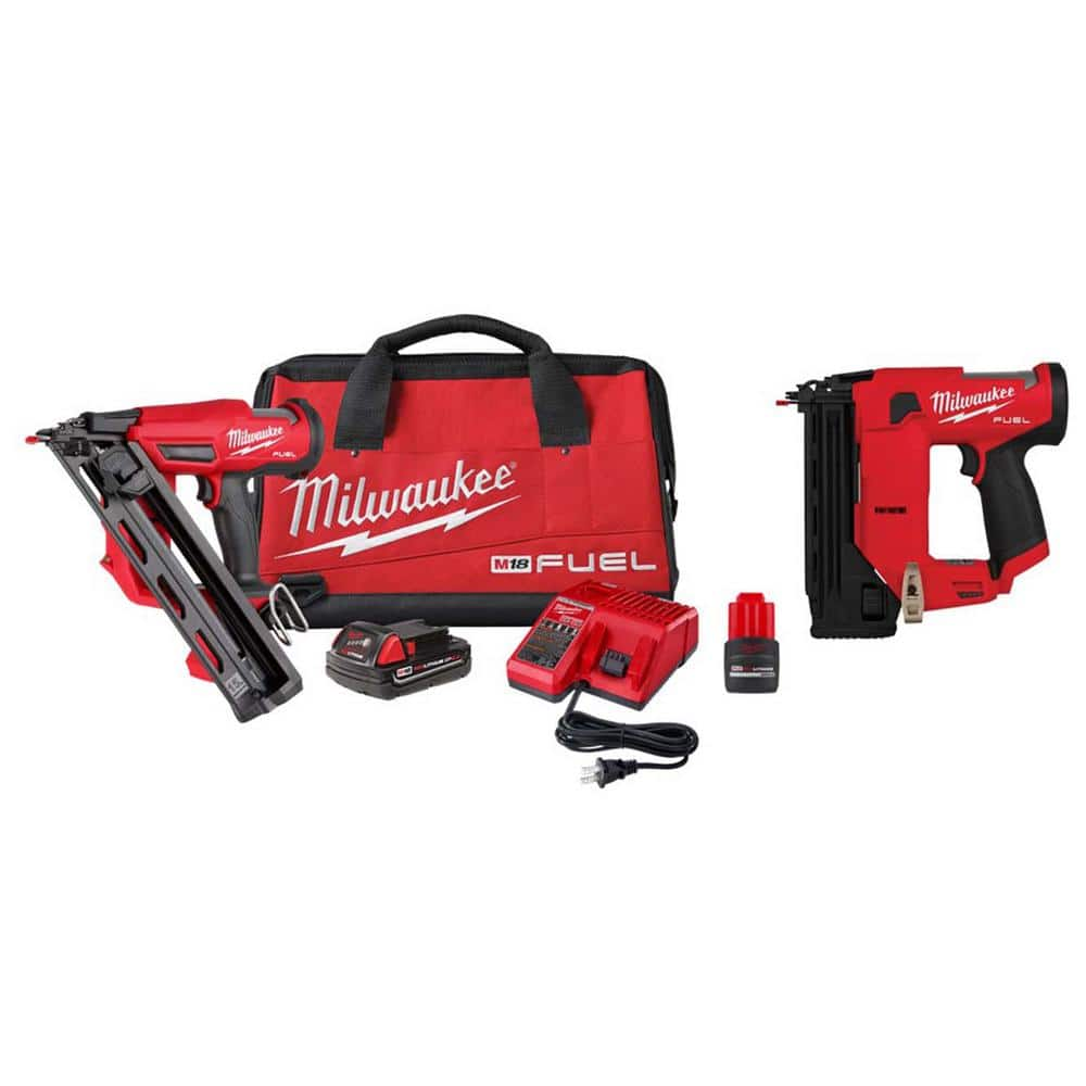 M18 FUEL 18-Volt Lith-Ion Cordless 15-Gauge Angled Finish Nailer w/M12 Brad Nailer, (2) Batteries, & (1) Charger -  Milwaukee, 2839-21CT-254