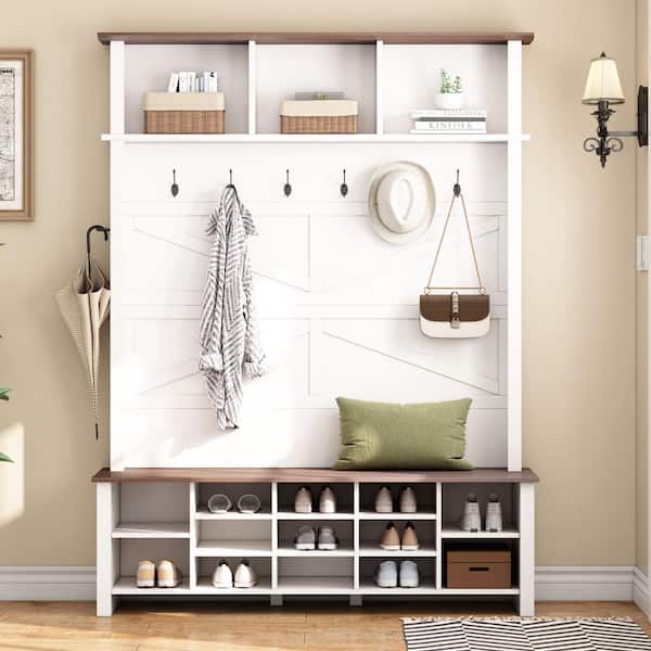 Wooden White Entryway 4-in-1 Shoe Cabinet with Bench Adjustable Dividers, 16 Open Compartments and 6 Hooks