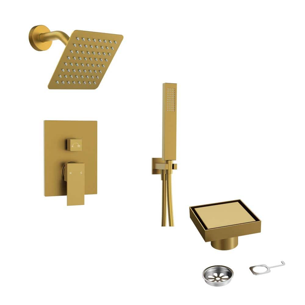 2-Handle 2-Spray Shower Faucet 2.5 GPM with Valve, 4 in. Square Stainless Steel Drain Set in Brushed Gold price history on PriceWatchPro