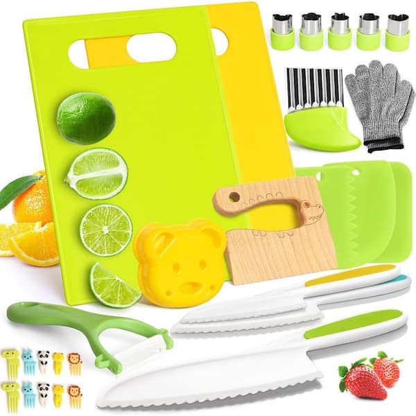 28PCS Kids Safe Knife Set Montessori Kitchen Tools with Cutting Board & Crinkle Cutters