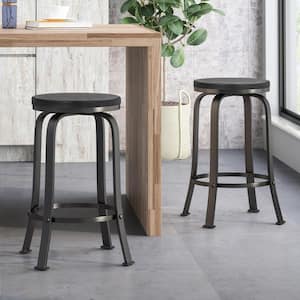 Black Metal Outdoor Bar Stool with Black Faux Wood Seat, Set of 2