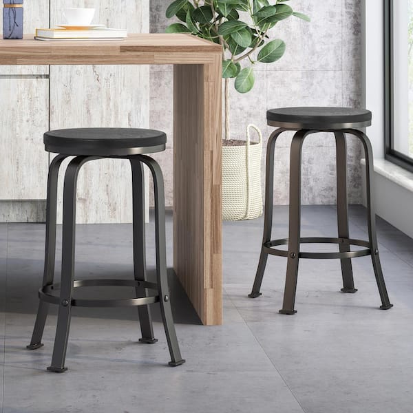 Black Metal Outdoor Bar Stool with Black Faux Wood Seat, Set of 2