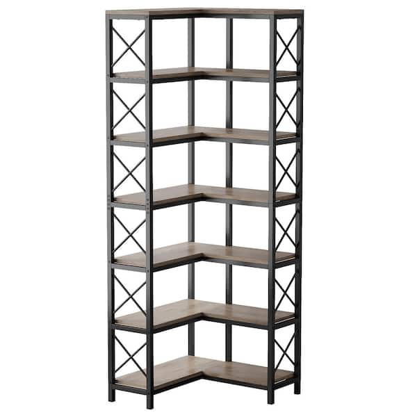 Eulas 79 in. Tall Gray Engineered Wood 7-Shelf Corner Bookcase Modern Corner Bookshelf Large Storage Display Rack