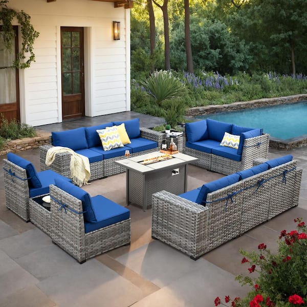 XIZZI Beatrice 13-Piece Wicker Patio Rectangle Fire Pit Conversation Set with Navy Blue Cushions