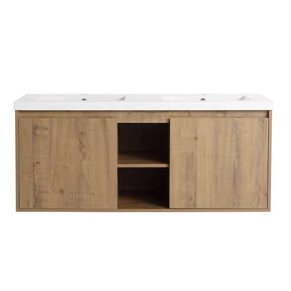 Boosicavelly 47.60 in. W 18.30 in. D 20.50 in. H Double Sink Wall Mounted Bath Vanity in Imitative Oak with White Resin Top