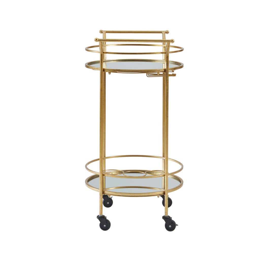 Transitional Round Gold Metal Bar Cart with Mirrored Shelves and Wine Storage