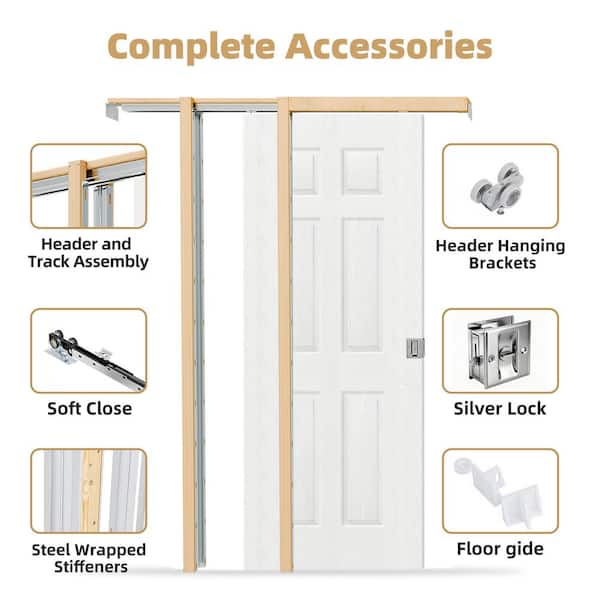 24 in. x 80 in. 6-Panel Hollow Core White Primed Pine Wood Sliding Pocket Door with Lock, Soft Close and Frame Kit Set