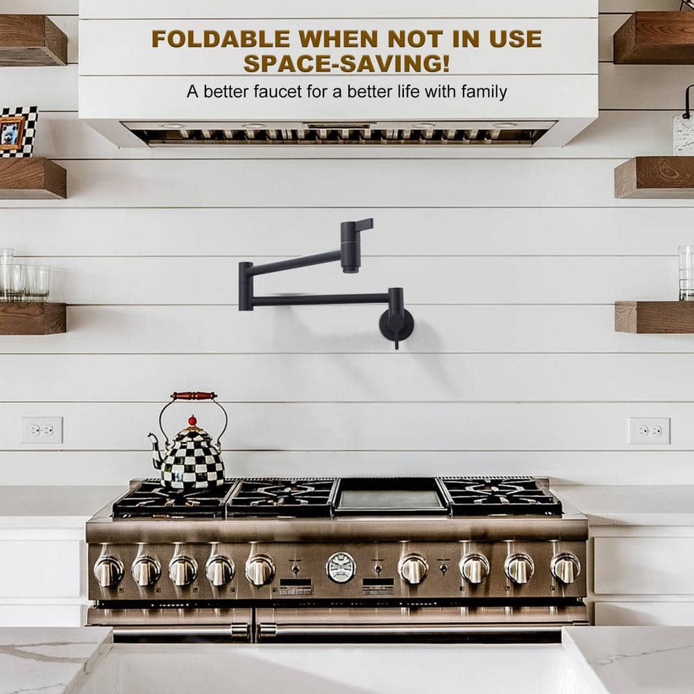 Matte Black Brass Wall-Mounted Pot Filler Faucet with Dual Handles