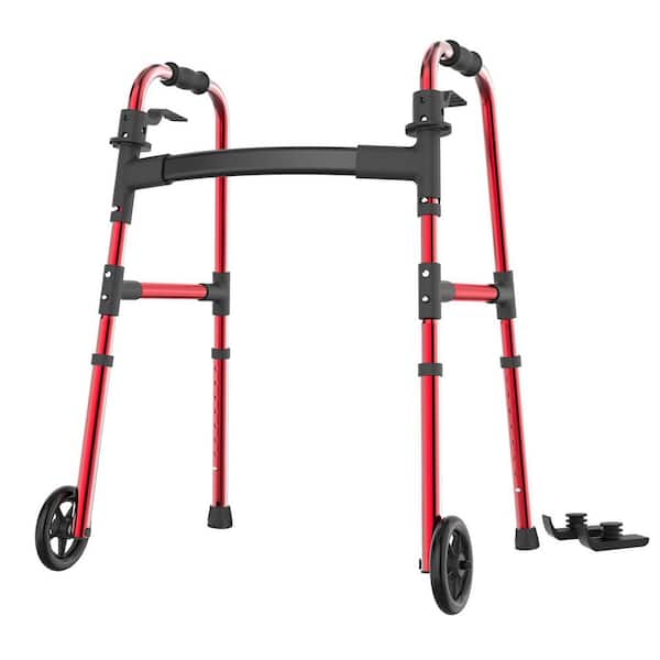 24 in. Adjustable Aluminum Folding Walker with Ski Glides 5 in. Front Wheel Medical for Handicap and Adults, Red
