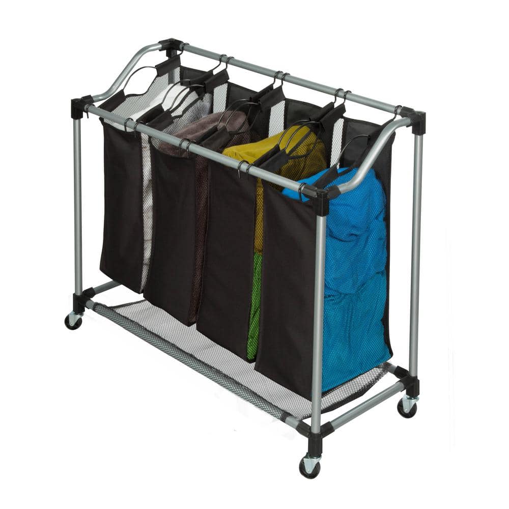 Industrial Silver Quad Laundry Sorter with Wheels