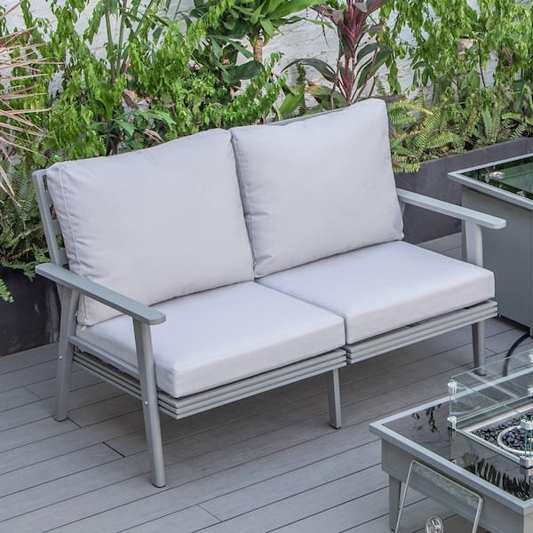 Leisuremod Walbrooke Modern Patio Loveseat with Grey Aluminum Frame and Light Grey Removable Cushions
