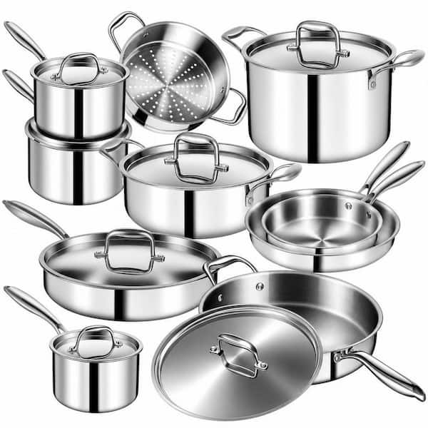 17-Piece Stainless Steel Cookware Set, Pot and Pan Set Non-Toxic PFOA PTFE PFOS Free in Silver