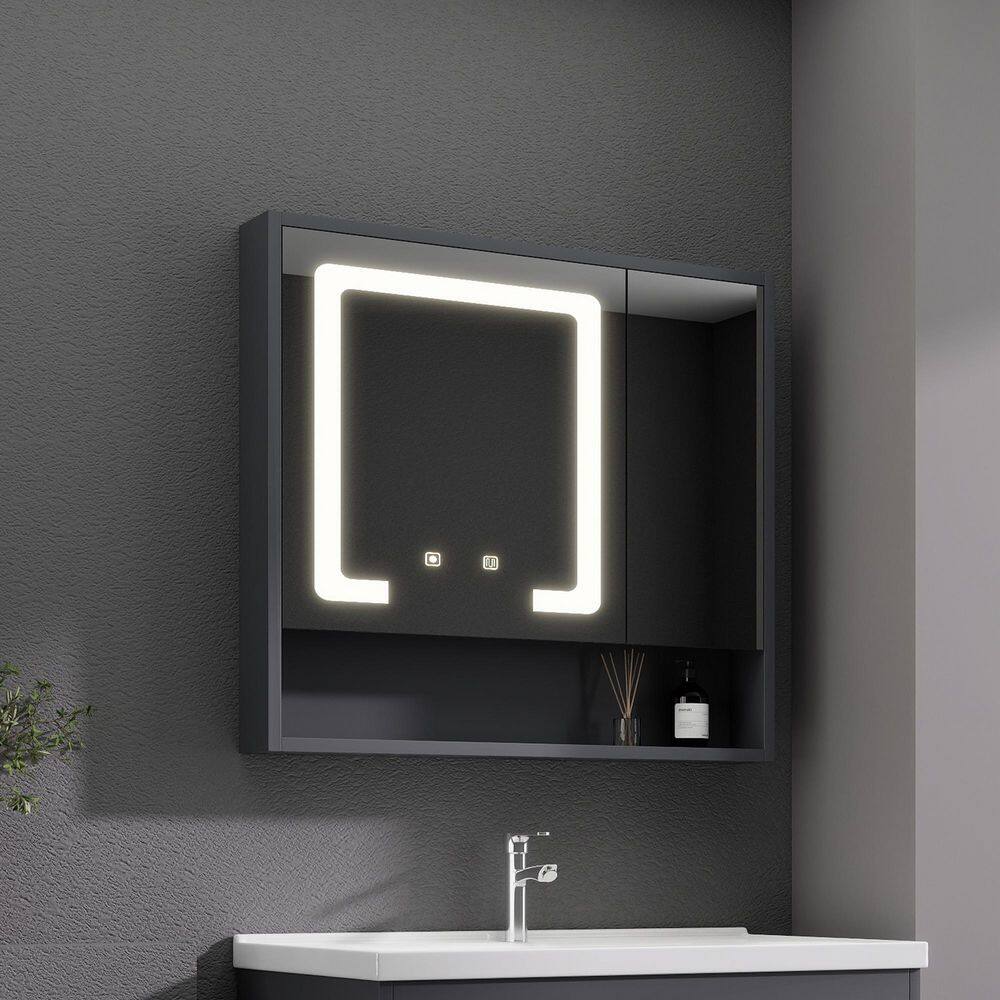 28 in. W x 32.00 in. H Gray Rectangular Wood Medicine Cabinet with Mirror with 3 Colors LED Light price history on PriceWatchPro