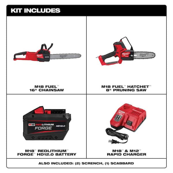 M18 FUEL 16 in. 18V Lithium-Ion Battery Brushless Cordless Chainsaw Kit w/12.0Ah Battery & M18 FUEL HATCHET (2-Tool)