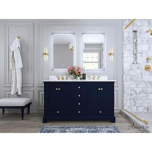 Audrey 60 in. W x 22 in. D Bath Vanity in Heritage Blue w/ Marble Vanity Top in White w/ White Basin and Gold Hardware