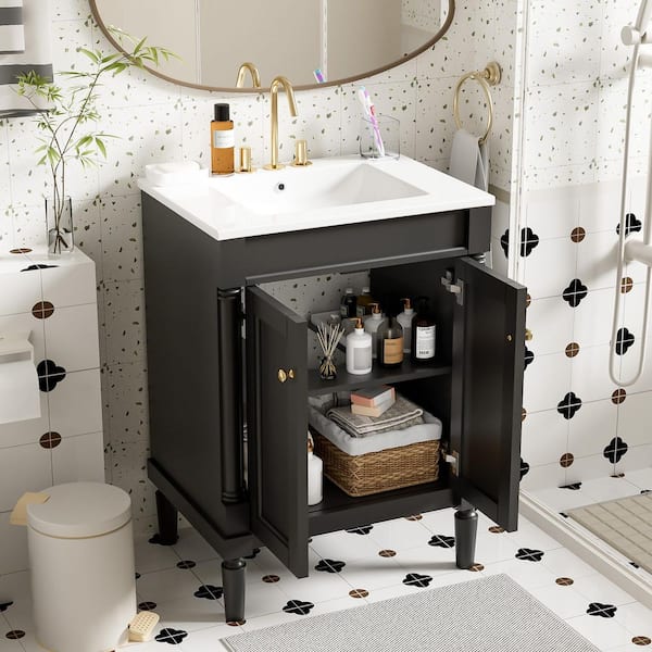 24 in. Freestanding Single Sink Black Bath Vanity with White Ceramic Top
