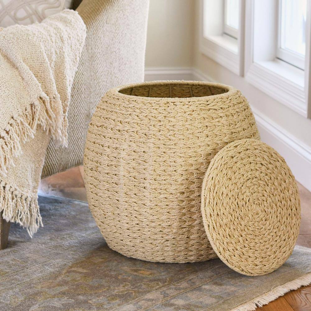 Rustic Cream Handwoven Paper Rope Barrel Side Table & Storage