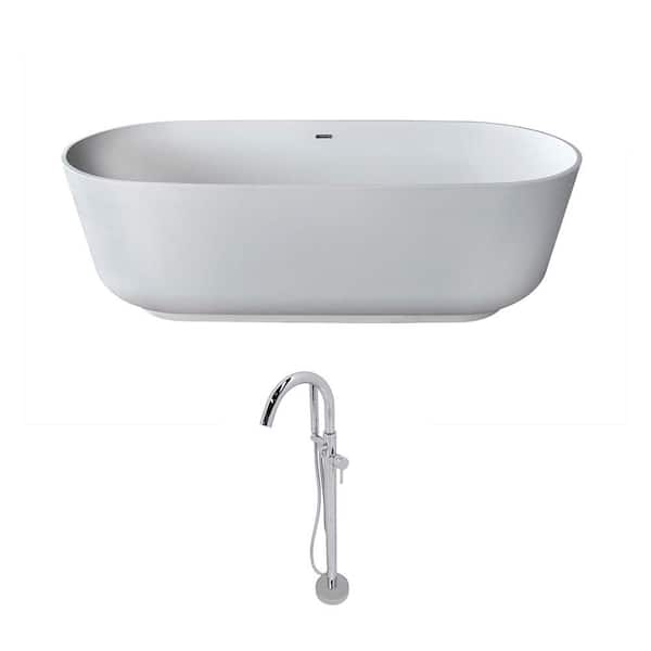 ANZZI Sabbia 71 in. L x 32 in. W Man-Made Stone Flatbottom Soaking Bathtub in Matte White and Kros Faucet in Chrome