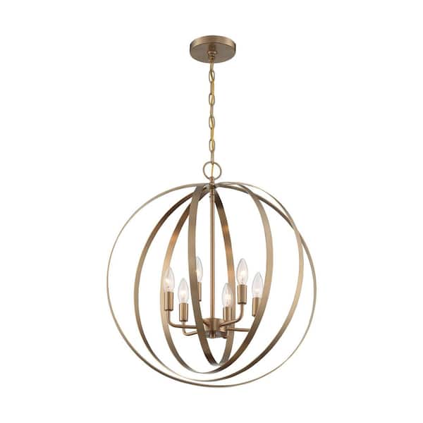 SATCO Pendleton 60-Watt 6-Light Burnished Brass Glam Pendant Light with No Shade, No Bulbs Included